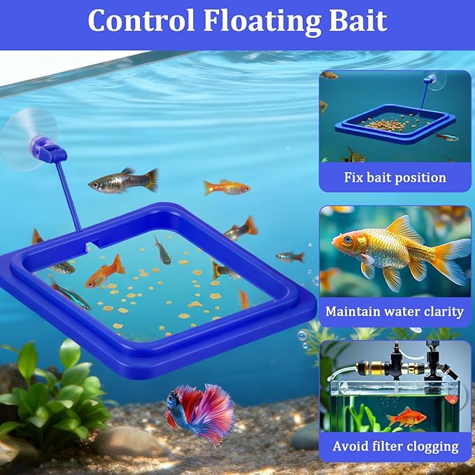 2Pcs Floating Fish Feeder, Fish Feeding Ring for Aquarium, Betta Fishes Tank Accessories Blue Turtle Feeding Ring with Suction Cup, Square & Round Floating Food Feeder for Betta, Goldfish, Turtle