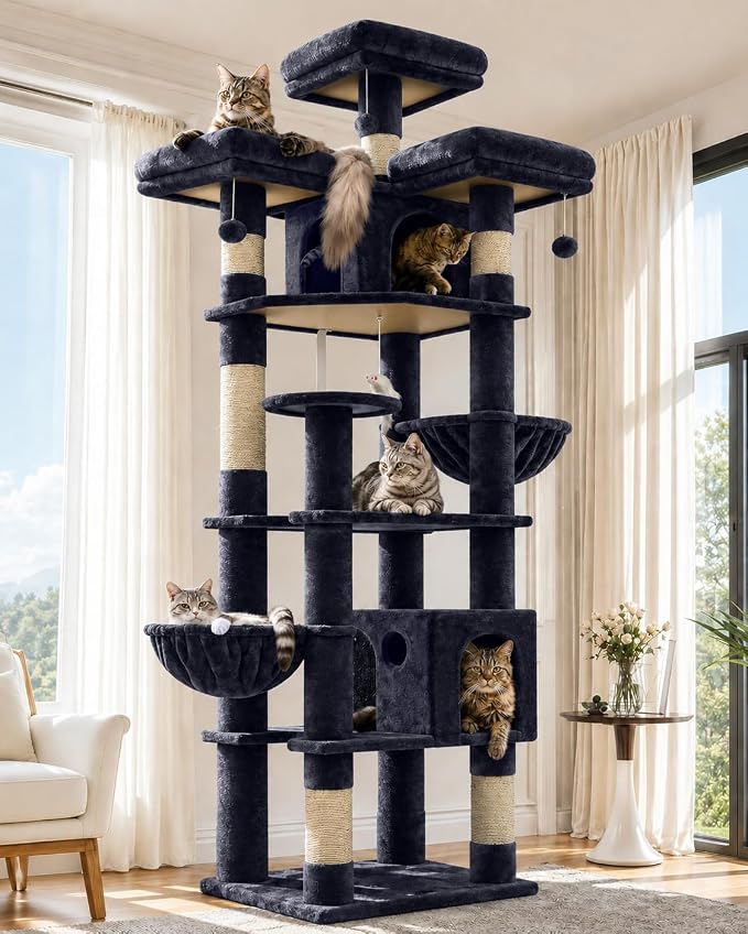 Globlazer Cat Trees and Towers for Multiple Adult Cats, 82-inch XXL Tall Cat Tree Tower for Indoor Cats with Scratching Post, 3 Perches, 2 Condos, 2 Hanging Baskets, F82, Dark Grey