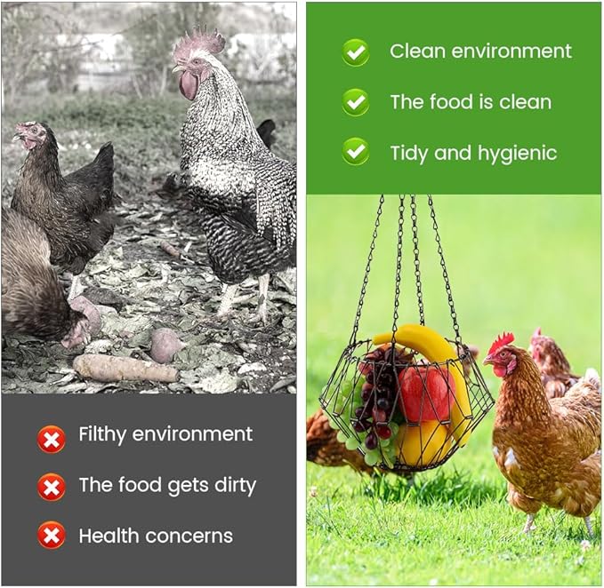 Hanging Chicken Feeder, 9.2 inches Large Poultry Vegetable Fruits Feeder Basket with 4Pcs Hanging Stainless Chain, Veggie Treat Ball for Chicken,Hens,Duck,Rabbit Coop(Size:2pcs)