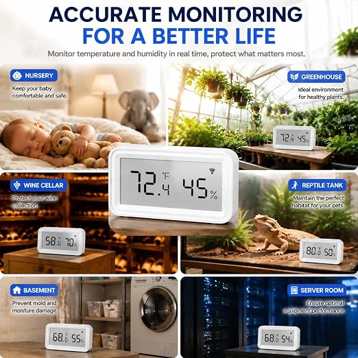 WiFi Temperature Humidity Sensor, Smart Thermometer Hygrometer with Free App Alerts, LCD Display, Calibratable, Data Logger, Indoor Monitor for Home Greenhouse Reptile (1-Pack)