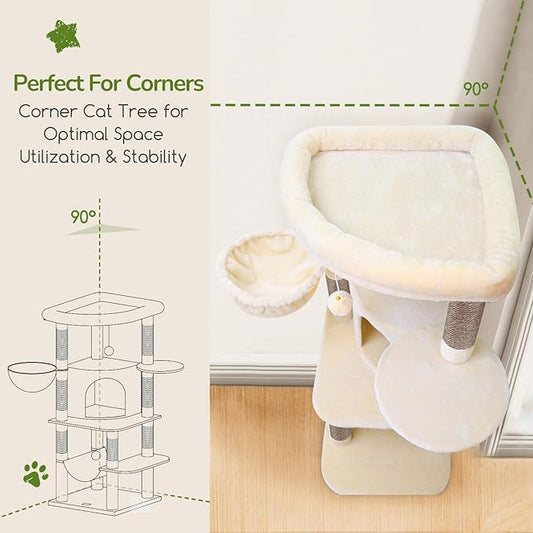 Globlazer Corner Cat Tree, 51in Curved Series Modern Cat Tower for Indoor Cats with Hammock, 7 Sisal Scratching Posts, Large Fan-Shaped Platform for Large Cats, Cat Condo & Hanging Basket, C51, Beige