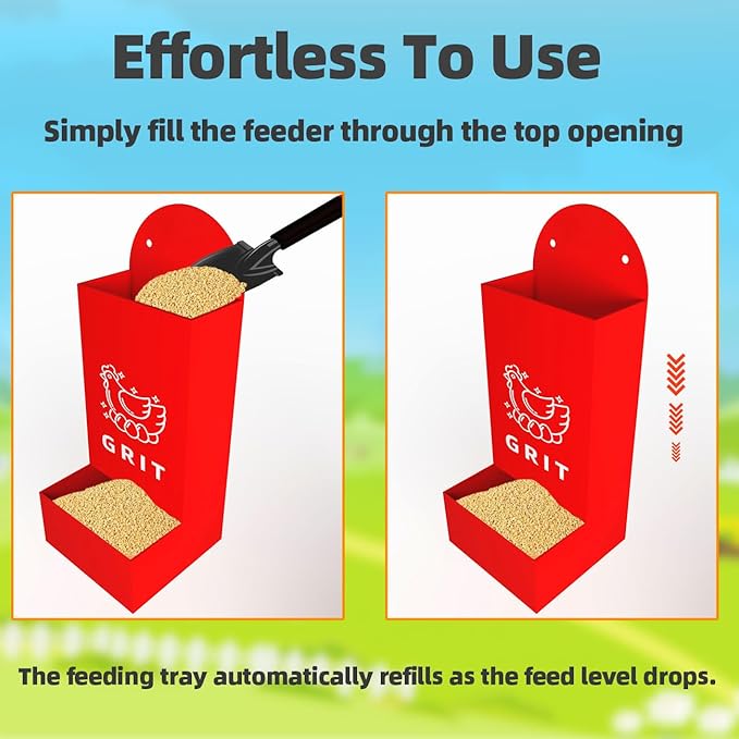 Chicken Oyster Shell Grit Feeder Coop Accessories Automatic Metal Hanging Gravity Poultry Supplies Automatic Suitable for Quail Pigeons Chicken No-Waste Design Easy to Install and Clean 2 Pack