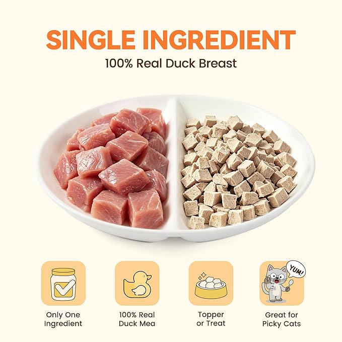 Freeze Dried Cat Treats, Single Ingredient Duck Bites Snacks for Sensitive Cats, Grain-Free Training Treats & Food Topper for Picky Cats, 4 oz