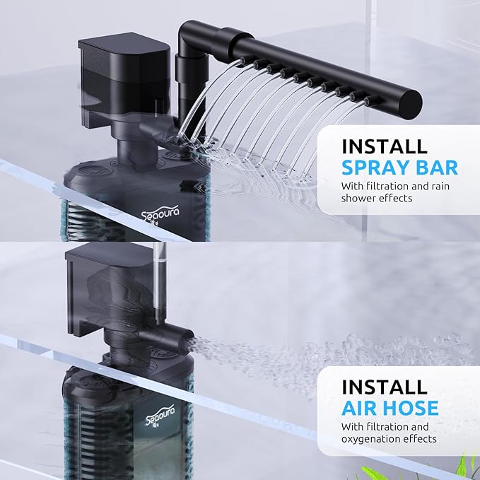 SEAOURA Aquarium Internal Filter，Small Submersible Aquarium Filter ， Aquarium Quiet Electric Filter for 5-15 Gallon Aquariums，Aeration System 100GPH Water Pump