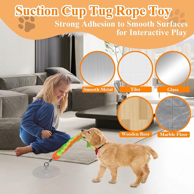 Suction Cup Dog Toys for Small Medium Dogs, Tug of War Rope Toy for Puppy Teething, Interactive Enrichment that Sticks to Floor for Indoor Play (2 Colorful Ropes)
