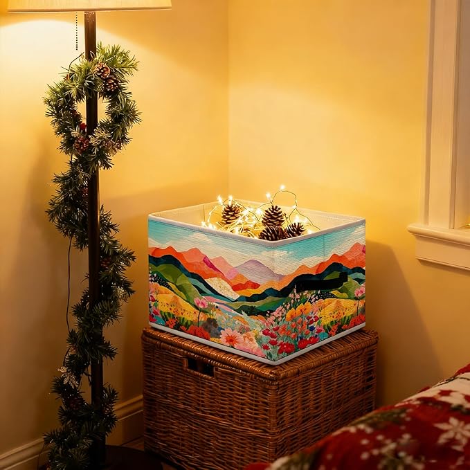 Abstract Boho Colorful Floral Mountain Storage Bins, Modern Maximalist Vibrant Wildflower Foldable Closet Organizers Storage Basket Toybox for Clothes Bed Sheets Blankets Toys