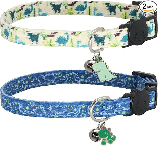 Cat Collars for Boy Cats, 2 Pack Breakaway Cotton Kitten Collar with Bells and Removable Charms, Cute Dinosaurs Shaped