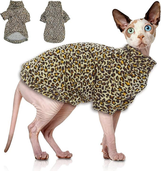 Sphynx Cat Sweater Leopard Hairless Cat Clothes Sweater Shirt Soft Warm Long Sleeves Pullover Pet Clothes Pajamas Dog Cloth for Small Dogs Jumpsuit Pet Sweaters (Leopard, Large)