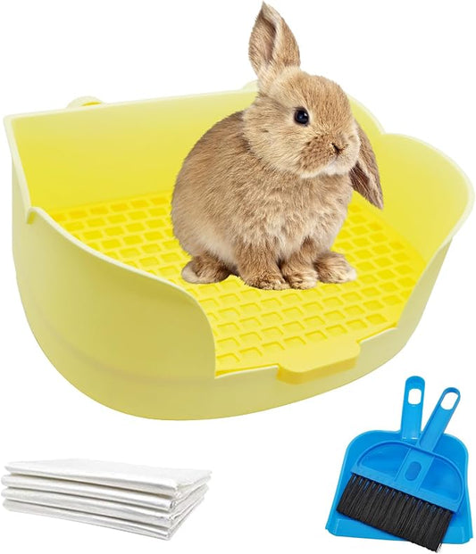 PINVNBY Rabbit Cage Litter Box,Plastic Bunny Litter Pan Detachable Rabbits Corner Potty Training Bedding Boxes with Grate for Guinea Pig Chinchilla Hedgehog Ferret(Yellow)