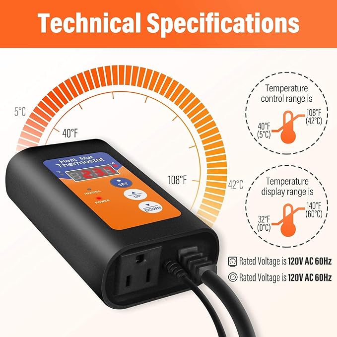 iPower Digital Heat Mat Thermostat Controller for Seed Germination, Reptiles and Brewing Breeding Incubation Greenhouse, 40-108°F, 8.3A 1000W