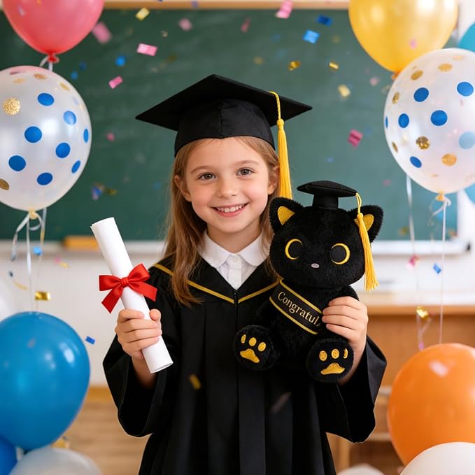 Class of 2026 Graduation Cat Plush - 8" Black Cat Plush with Cap & Golden Tassel Graduation Gift for Her Kids Him, Cute Plushies Toy for Kindergarten, High School College