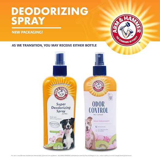 Arm & Hammer for Pets Super Deodorizing Dog Spray with Baking Soda for Odor Control Freshens Coat Between Baths pH Balanced Formula for Dogs Kiwi Blossom 8 FL OZ 2 Pack Dogs and Puppies Daily