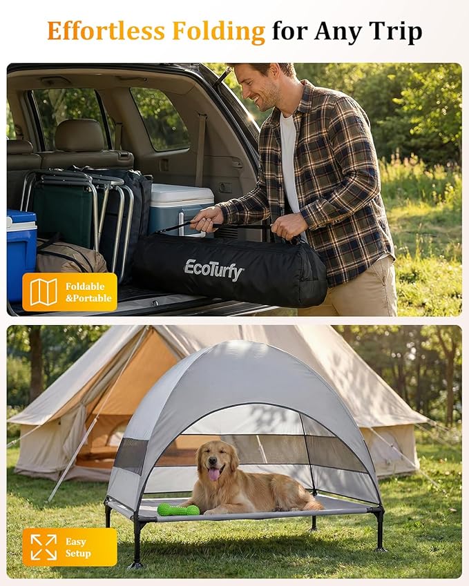 Elevated Dog Bed with Canopy - 3-Sided UV Protection Pet Tent with Wider Shade, Raised Cooling Outdoor Dog Cot with Breathable Mesh for Medium Large Dogs, Portable Pet Bed for Camping, Patio (Grey, L)