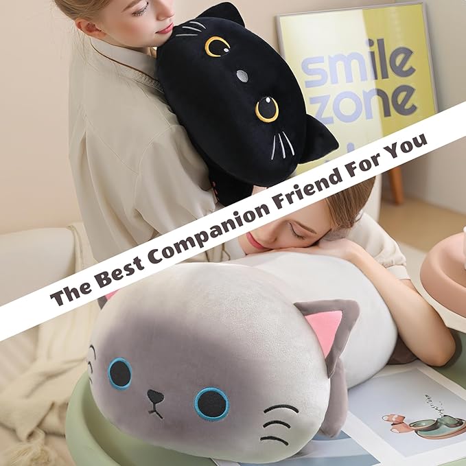 Finebee Weighted Black Cat Stuffed Animals, Cute Weighted Black Cat Plush, Soft Stuffed Weighted Plushie Pillow Gifts for Kids & Adults (23.6" 3.1Lbs)