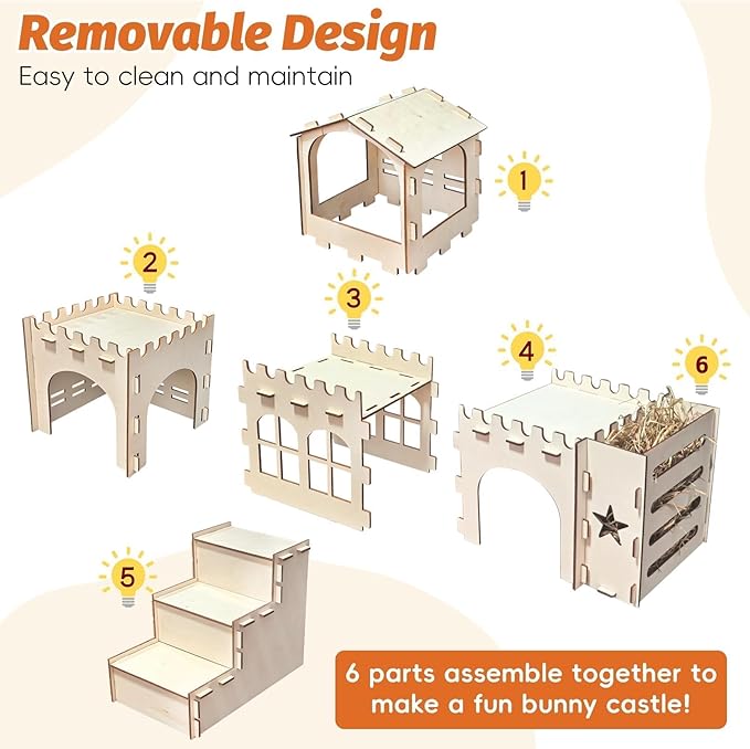 PINVNBY Extra Large Bunny Castle Hideout with Hay Feeder, Wooden Rabbit House Hide Climbing Detachable Indoor Wood Hideaway Castle Tower Tunnel for Rabbit Guinea Pig Hamster Chinchilla Ferret