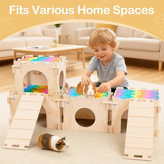 Guinea Pig Hideout, Guinea Pigs House with Stairs and Mats Extra Large Guinea Piggy Castle Detachable Hideouts for Small Animals Wooden Guinea Pig Habitats with Multiple Doors and Windows