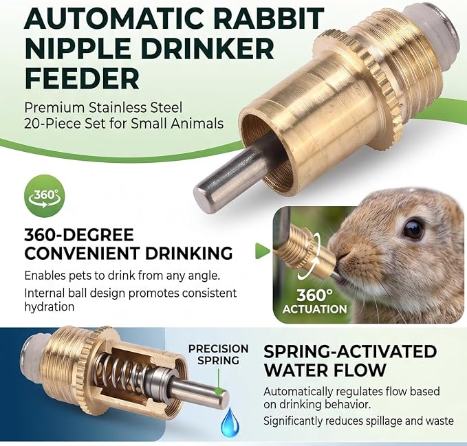 20Pcs Stainless Steel Rabbit Water Feeder Automatic Rabbit Drinker Nipple Easy Use Drinking Water Tool for Small Animals Farm Animal Supplies