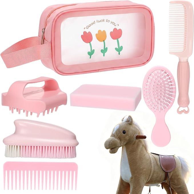 7 Pcs Hobby Horse Grooming Kit Pony Accessories Care Set with Storage Bag Brushes Combs & High-Density Sponge for Plush & Long Mane Care - Pink Nordic Style
