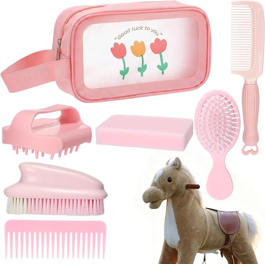 7 Pcs Hobby Horse Grooming Kit Pony Accessories Care Set with Storage Bag Brushes Combs & High-Density Sponge for Plush & Long Mane Care - Pink Nordic Style