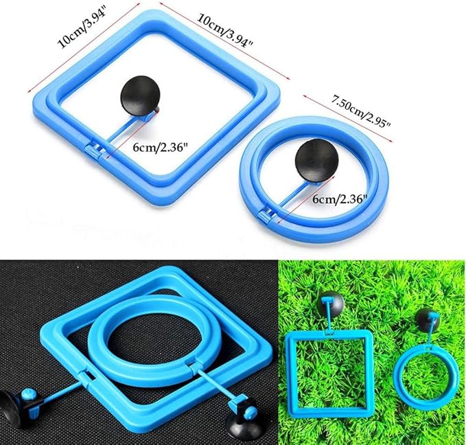 2 Pcs Fish Feeding Ring, Fish Safe Floating Food Feeder Circle Blue, with Suction Cup Aquarium, Square and Round Shape Fish Tank Towels - for Guppy, Betta, Goldfish, Etc. (Blue)¡­