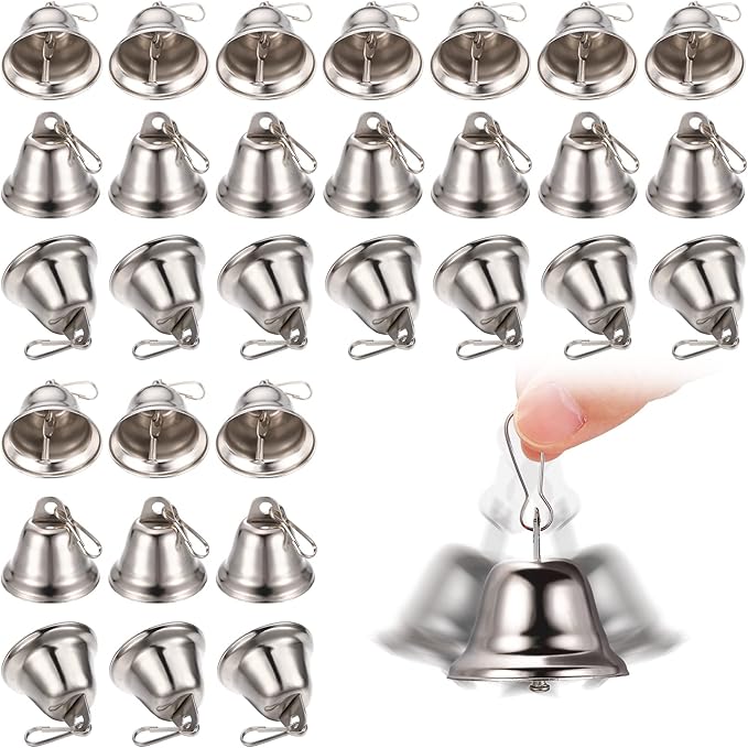 30 Pieces Craft Small Brass Bells for Crafts Mini Vintage Bells with Spring Hooks Tiny for Hanging Wind Chimes Making Dog Training Doorbell Wedding Decor, 1.65 x 1.5 Inch (Silver)