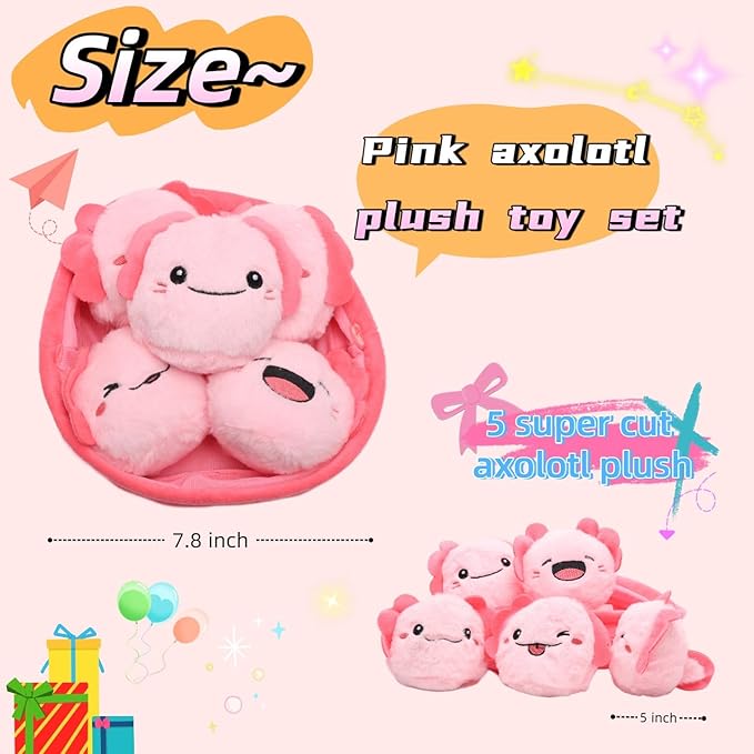 Pink Axolotl Plush Toy Set, 5pcs Cute Smiling Axolotls in Soft Basket, 7.87in Stuffed Animal Plushies for Kids, Friends, Birthday, Christmas, Room Decor