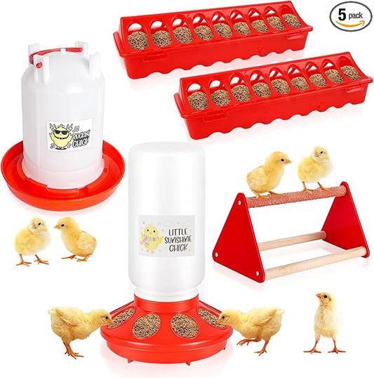 Chicken Feeder and Waterer Set with Chick Perch, Cool Baby Chick Feeder and Waterer Set, Chick Waterer, Baby Chicken Supplies for Small Poultry Chicks Ducks Quail Pigeons Birds(RED)