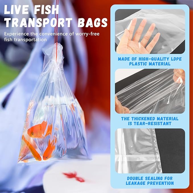60 Pieces Fish Shipping Bags, Clear HDPE Plastic, Double Bottom Seal, Transport Bags for Live Fish, Freshwater & Saltwater Use