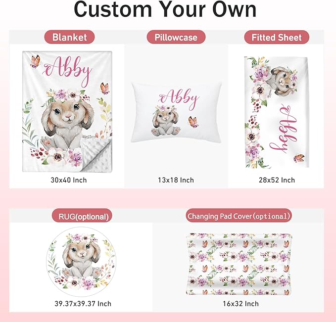 Personalized Crib Bedding Set for Baby Boy Girl, Custom Name Rabbit Design 3 Piece Baby Bedding Set, Including Plush Blanket, Fitted Sheet and Pillowcase for Newborn Nursery Gift
