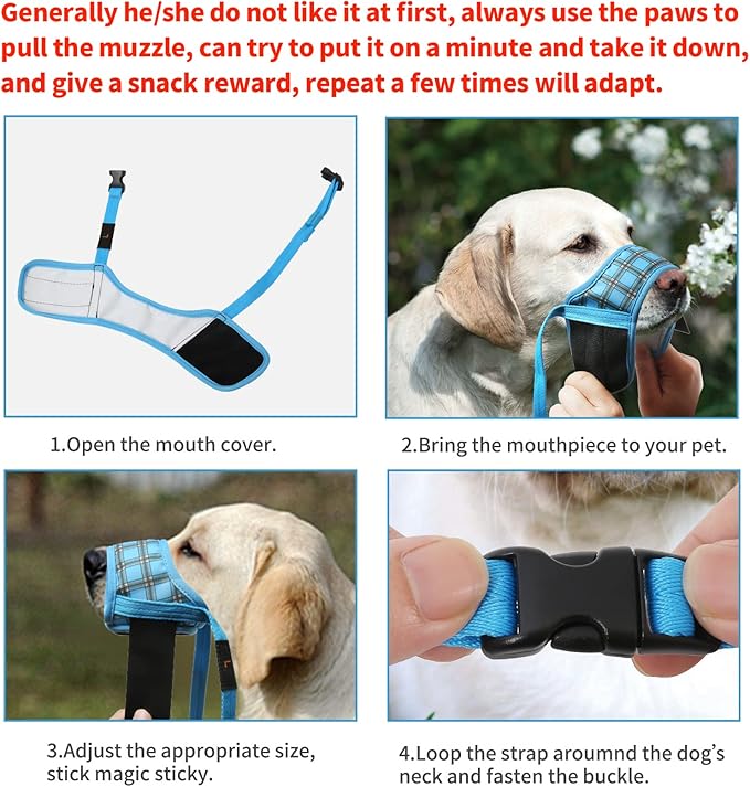 HEELE Dog Muzzle,Soft Nylon Muzzle Anti Biting Barking Chewing,Air Mesh Breathable Drinkable Adjustable Loop Pets Muzzle for Small Medium Large Dogs 4 Colors 4 Sizes (P-Blue Plaid, L)