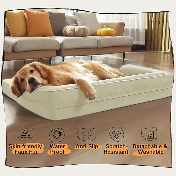 MEKIY Orthopedic Washable Dog Bed with Bolster for Large Sized Dogs | Pillow Support for Neck Relief, Egg Crate Foam, Waterproof Liner, Anti-Slip Bottom, Machine Washable Cover, 38 x 25 Inch