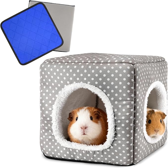 Guinea Pig Hideout with 2 Removable Mat, Two Entrances, Dwarf Rabbit Bed, Washable Bunny House, Small Pet Accessories Gray Dot