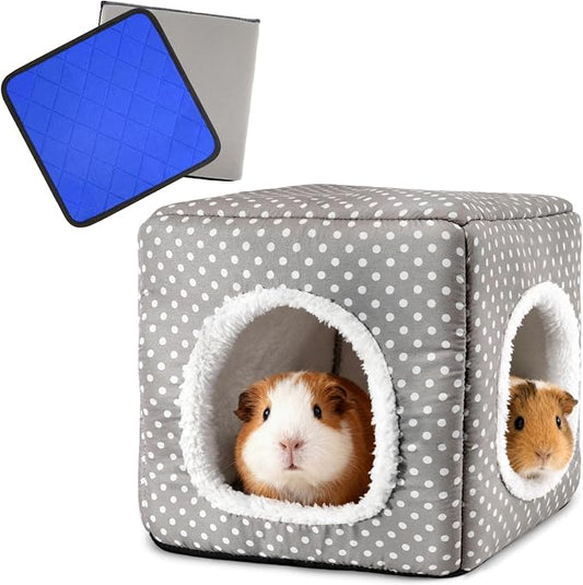 Guinea Pig Hideout with 2 Removable Mat, Two Entrances, Dwarf Rabbit Bed, Washable Bunny House, Small Pet Accessories Gray Dot