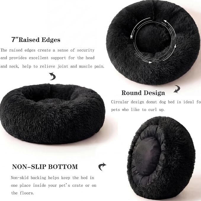 Calming Donut Dogs Beds for Small Dogs Washable,28inch Plush Round Pet Bed for Cozy Sleep,Fluffy Faux Fur Large Cat Bed,Fits up to 30 lbs Pets,Black