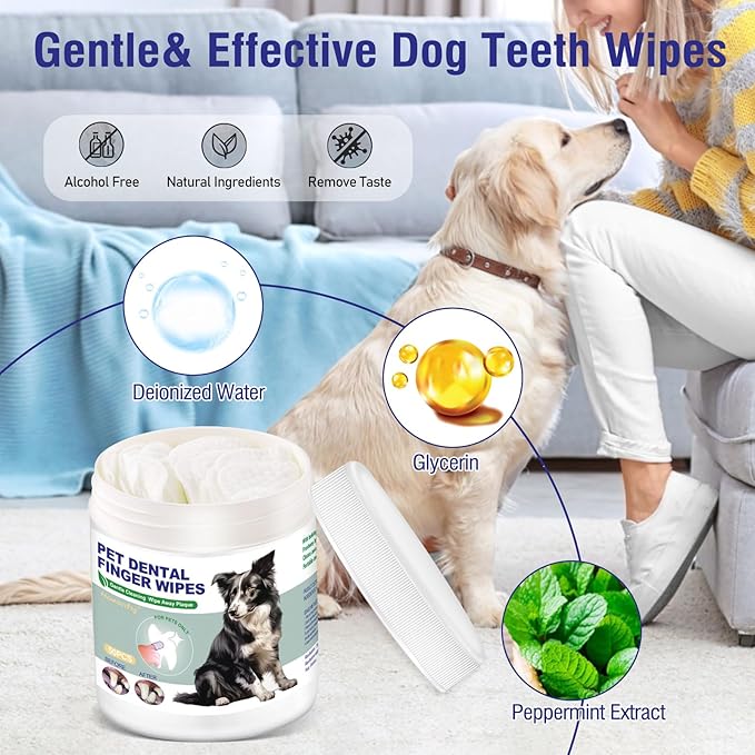 Pet Teeth Cleaning Finger Wipes for Dogs & Cats, Dog Dental Wipes for Removing Plaque and Tartar Buildup, No-Rinse Disposable Gentle Cleaning & Gum Care Pet Wipes, 50 Counts