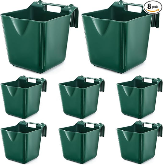 Marsui 8 Pcs 15 Quart Horse Feeders for Stall Hook Over Hanging Fence Hay Feeder Mountable Livestock Plastic Feed Bucket for Farm Stalls Pasture, Stable to Feed Horses Sheep Cattle Cows Etc (Green)