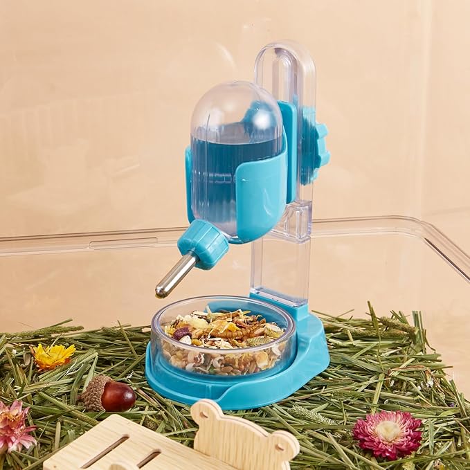 Hamster Water Bottle with Stand, 3.4 oz Water Dispenser with Food Bowl for Syrian Dwarf Hamster Mouse Rat Degu