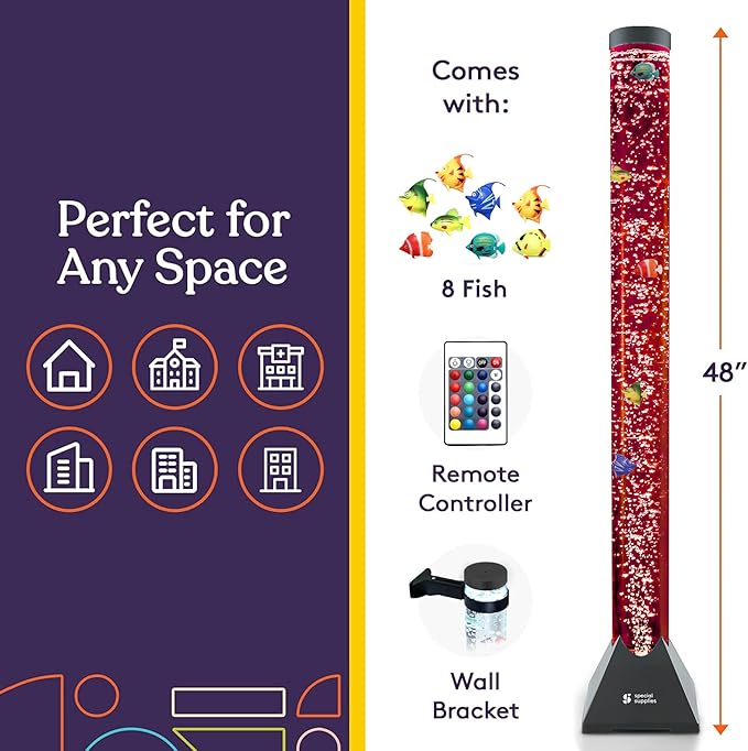 Special Supplies Aquarium Sensory Fish Bubble Light Tube with 16 LED Color Changing Nightlight Effect, Remote Control, and 8 Fishes, Colorful Floor Standing Lamp for Kids and Adults (4 feet)