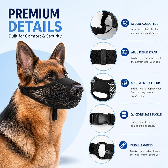Dog Muzzle, Soft Air Mesh Muzzles for Medium Sized Dogs, Breathable Dog Mussels for Scavenging Biting Licking & Barking, Adjustable Mouth Guard with Front Opening, Allows Panting and Drinking(Black,M)