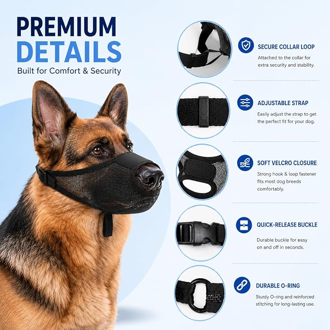 Dog Muzzle, Soft Air Mesh Muzzles for Large Sized Dogs, Breathable Dog Mussels for Scavenging Biting Licking & Barking, Adjustable Mouth Guard with Front Opening, Allows Panting and Drinking (Black,L)