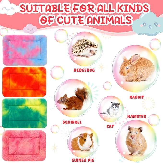 Tudomro 4 Pcs Guinea Pig Bed Mats with Cleaning Dustpan Brush 15"x11" Bunny Fleece Bedding Pads Tie Dyed Small Animal Sleeping Accessories for Rabbit Hamster Squirrel Hedgehog Chinchilla Ferret