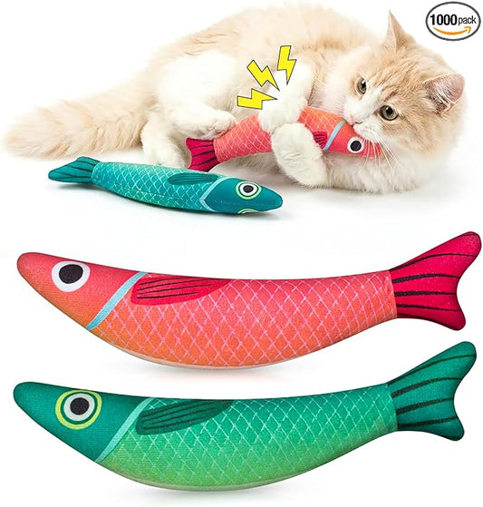 Cat Toys with 5000mg A+Natural Catnip & Bell, Interactive Soft Chew Kicker Cat Toys for Indoor Cats & Kittens, [Crinkle &Bell] Fish Sound Toy, 2 Pack Fish Cat Toys Red Green