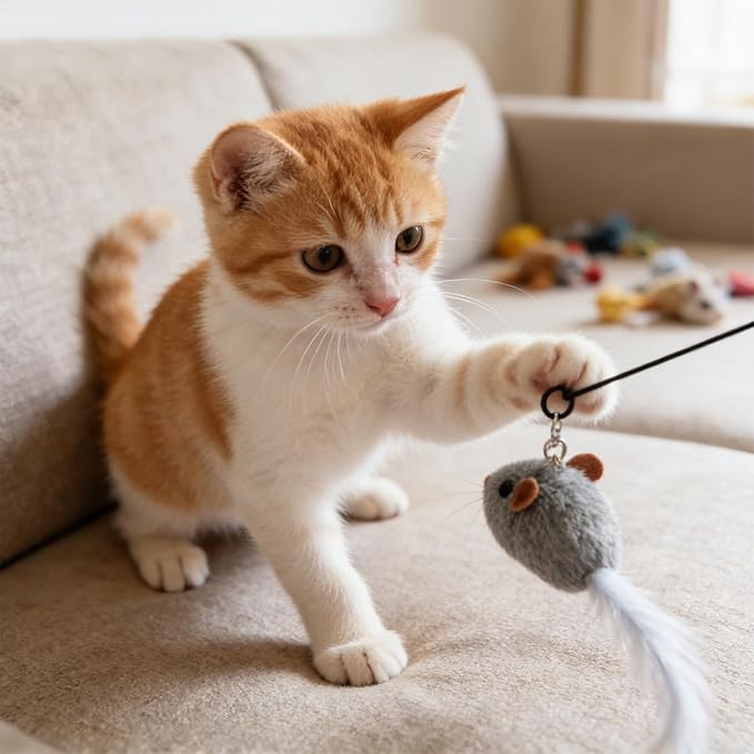 Andiker Cat Wand Toy, 3 Pack Plush Mouse Shapes Cat Feather Toys Refills with Bells and a 35.8'' Long Flexible Cat Stick, Interactive Cat Toys for Indoor Cats to Chase Beat Chew