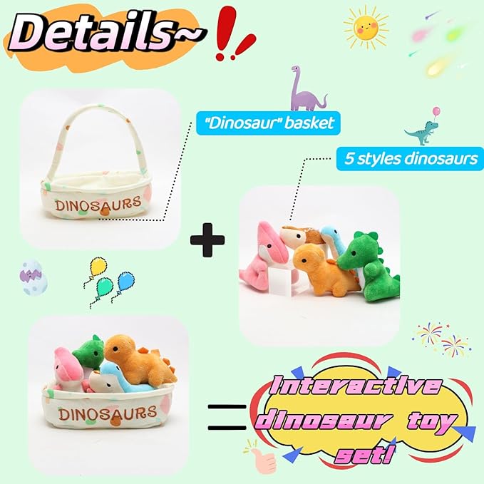 Dinosaur Plush Toy Set, 5pcs Soft Stuffed Dino Toys in Basket, 7.87in Interactive Plush Animal Figures – Birthday, Christmas, Kids Gift for Boys & Girls, Room Decor