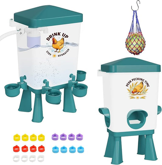 3 Gallon Chicken Feeder and Waterer Set, Large Chick Water with Automatic Float Valve, No Waste Poultry Feeding and Watering System, 4 Cups & 3 Ports, Chicken Coop Accessories for Pigeons/Quail (Blue)