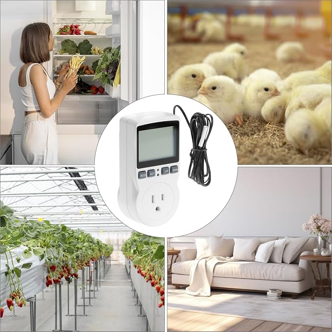 QWORK Digital Thermostat Outlet Plug Temperature Controller Socket - 120V, 15A Max, Heating Cooling Control, No Back Light