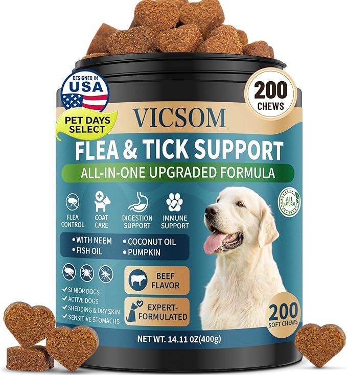 Flea and Tick Prevention for Dogs Chewable, 200 Soft Treats Natural Oral Dog Flea and Tick Treatment Chews Support Dog Skin & Digestive Supplement for Dogs Puppies All Breeds & Ages, Beef Flavor