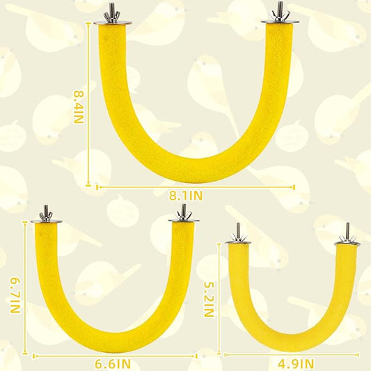 Rypet U Shape Parrot Perch Stand Toy for Paw Grinding Clean Stick Exercise, Rough-Surfaced Quartz Bird Perch Standing Cage Accessories for for Small Parakeets Cockatiels Conures Macaws (Yellow S)