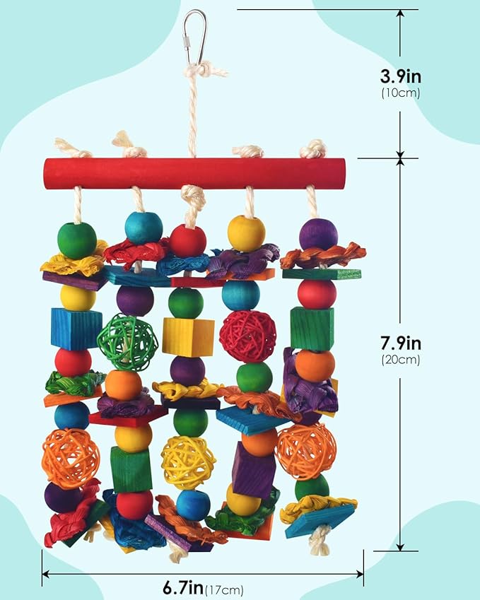 DBNESS Bird Toys, 3PCS Parrot Foraging Hanging Toy, Multicolored Natural Wooden Blocks Parakeet Chewing Toys mit Rattan Wicker Balls, for Medium Small Cockatoos Budgie Lovebird Cockatiel Conure