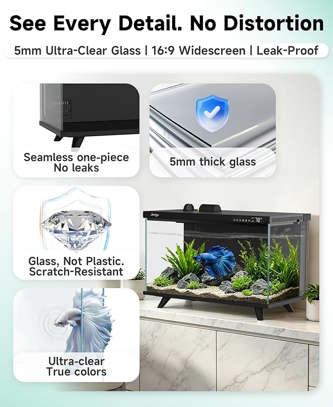 M1 5 Gallon Aquarium Starter Kit, App Control Smart Fish Tank with Filter, Auto Feeder, Quiet Pump, Timer Light, Temp Display, Crystal-Clear Glass Desktop Betta Tank for Guppy Shrimp, Black